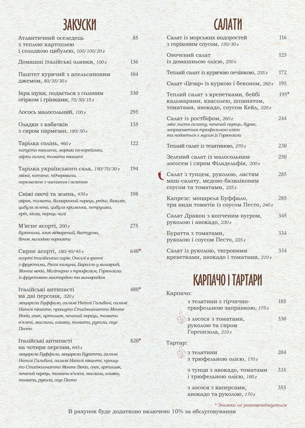 Основное меню - Ресторан «PERETS»