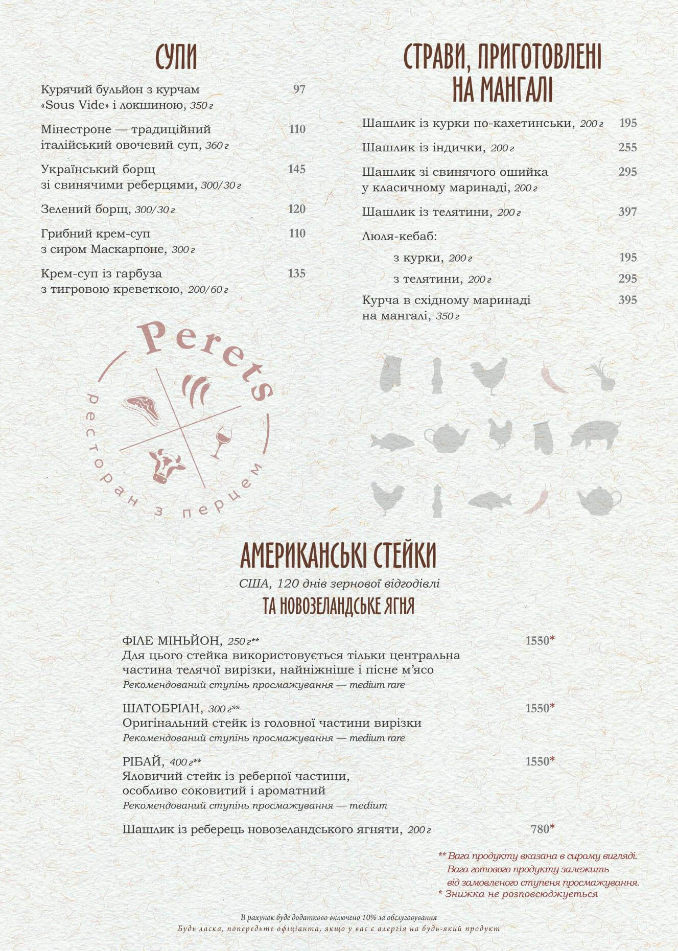 Основное меню - ресторана PERETS